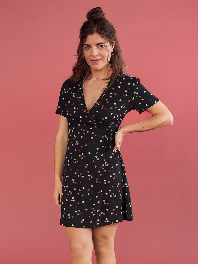 Marta Black Daisies Wrap Dress