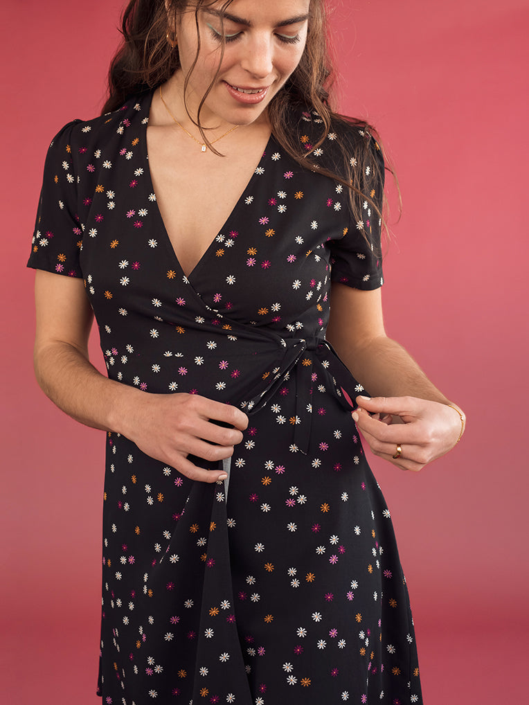 Marta Black Daisies Wrap Dress